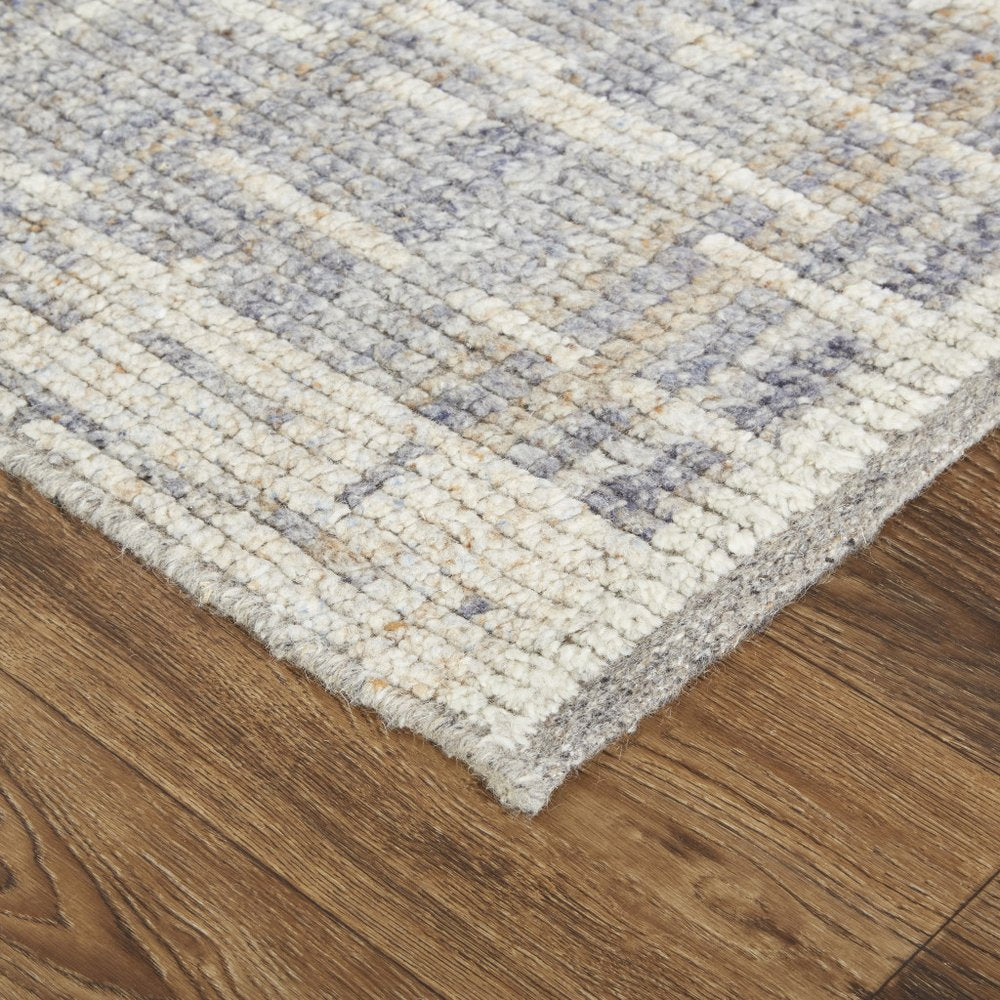 9' X 13' Gray and Ivory Wool Abstract Hand Knotted Worn Faded Area Rug