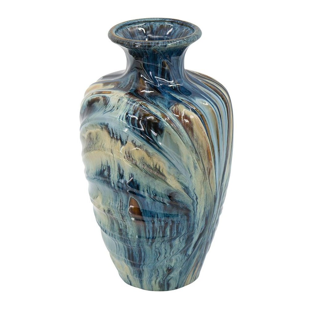 16" Beige Blue And Brown Abstract Ceramic Round Table Vase