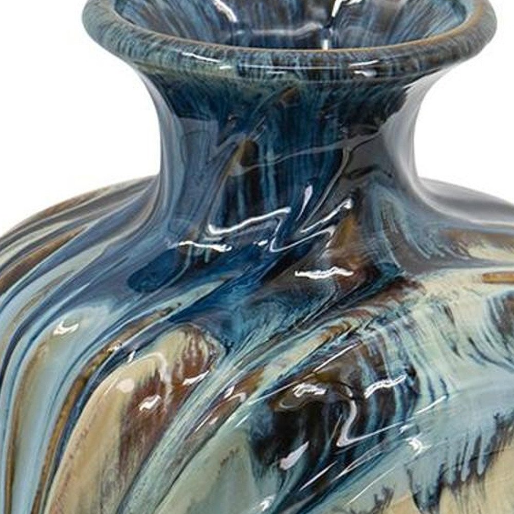 16" Beige Blue And Brown Abstract Ceramic Round Table Vase