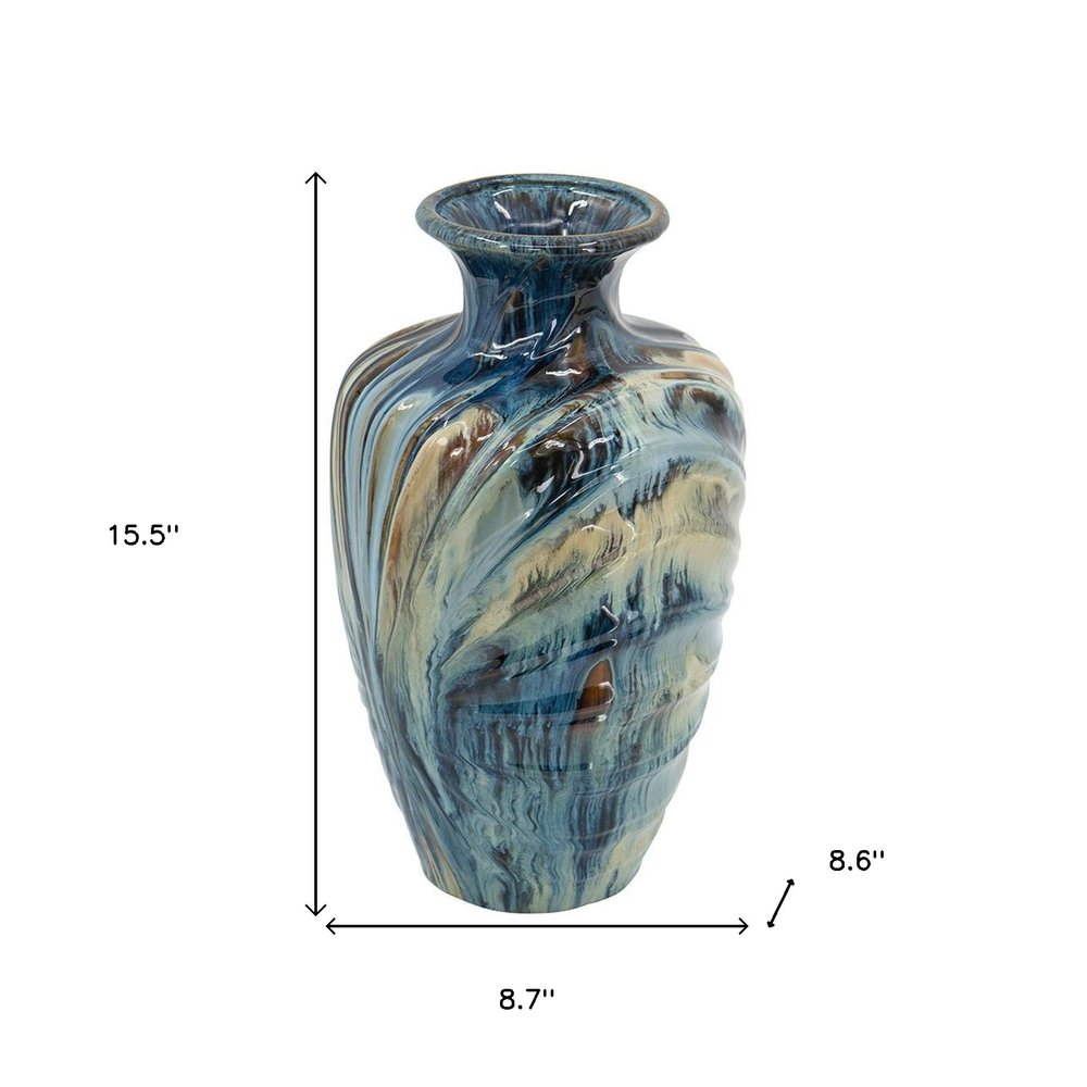 16" Beige Blue And Brown Abstract Ceramic Round Table Vase