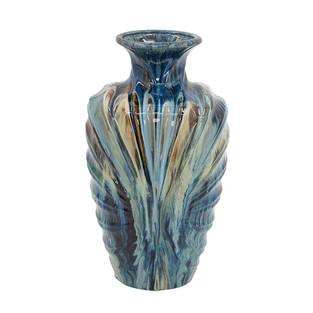 16" Beige Blue And Brown Abstract Ceramic Round Table Vase