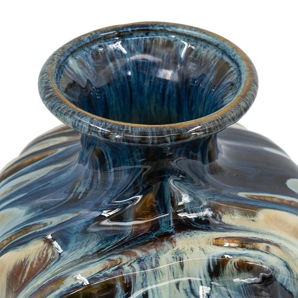 16" Beige Blue And Brown Abstract Ceramic Round Table Vase