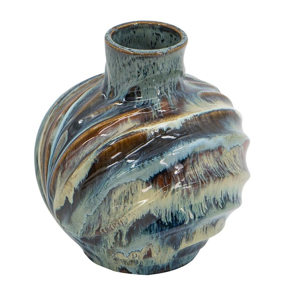 11" Blue Beige And Brown Abstract Wavy Ceramic Table Vase
