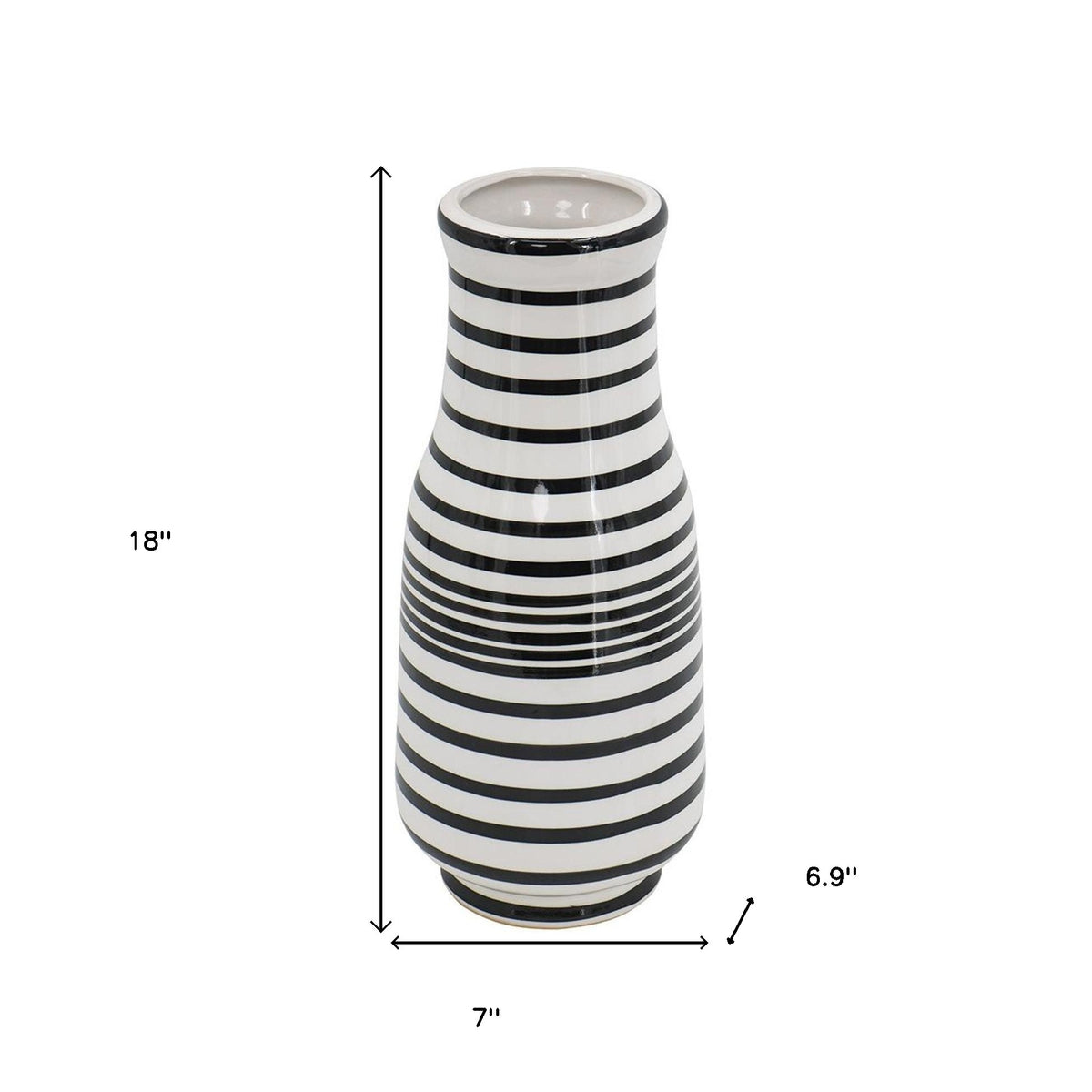 18" Black And White Hand Painted Stripe Ceramic Table Vase