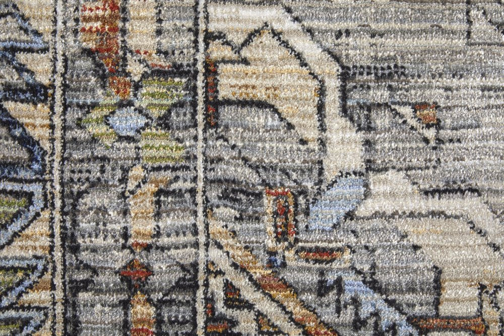 9' X 13' Gray Blue and Red Abstract Power Loom Worn Faded Area Rug