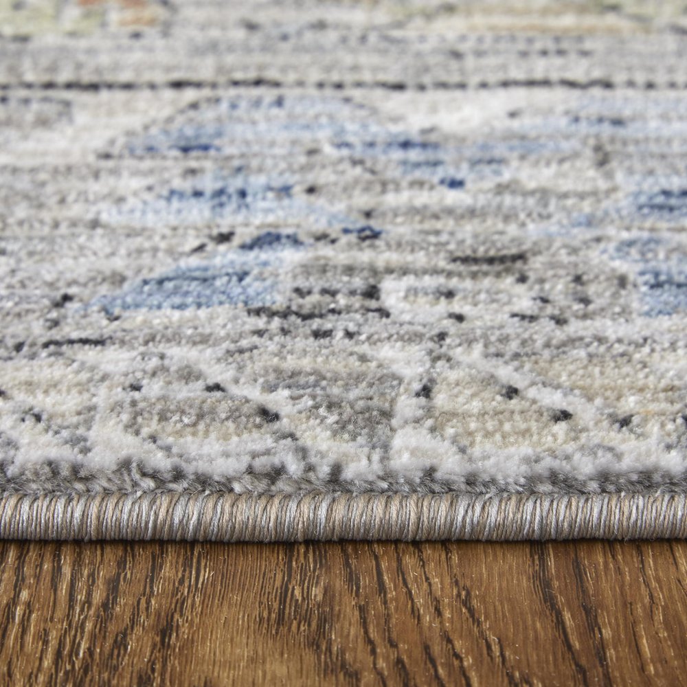 9' X 13' Gray Blue and Red Abstract Power Loom Worn Faded Area Rug