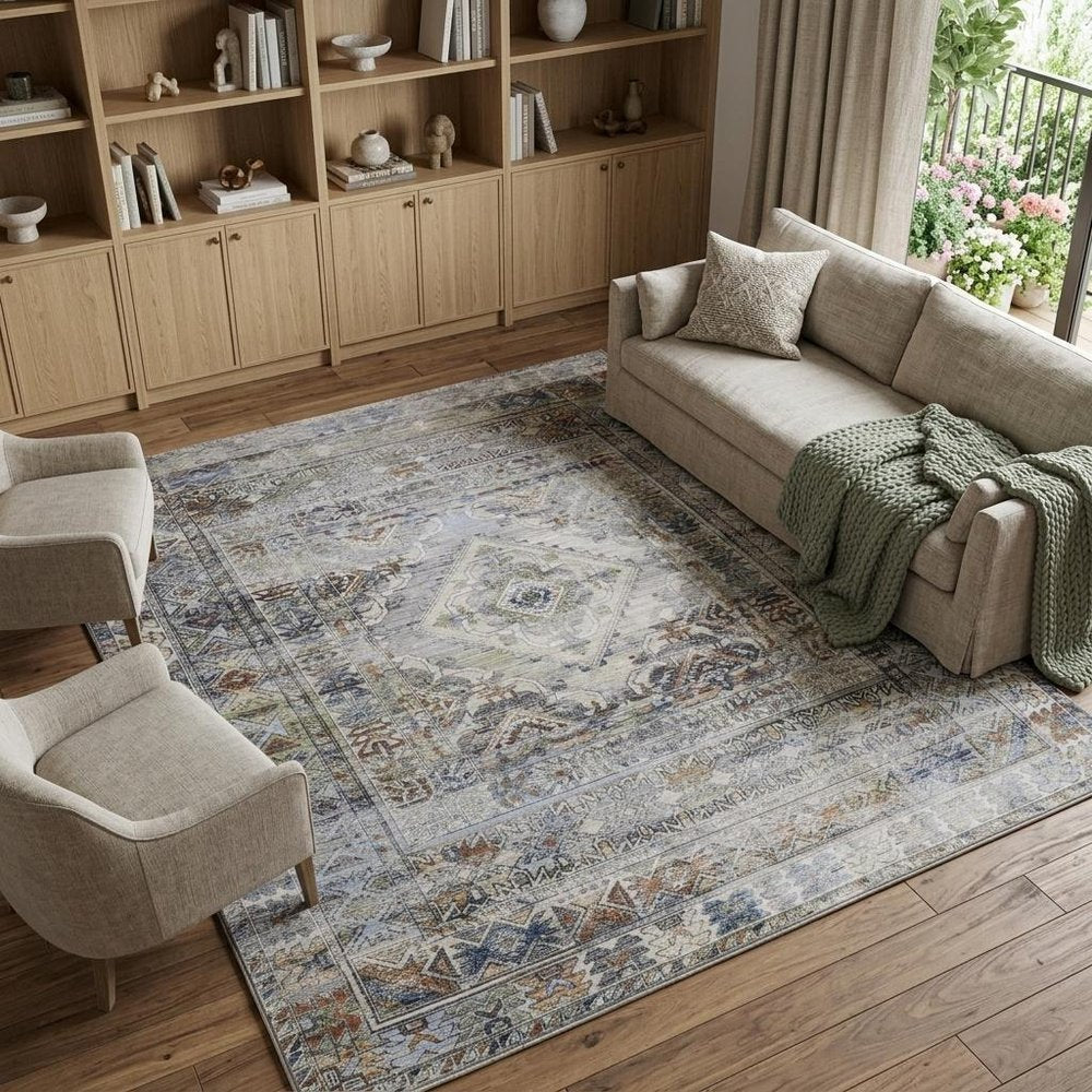 9' X 13' Gray Blue and Red Abstract Power Loom Worn Faded Area Rug