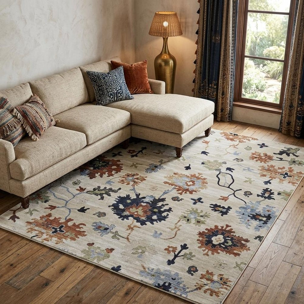 9' X 13' Ivory Red and Blue Floral Power Loom Area Rug