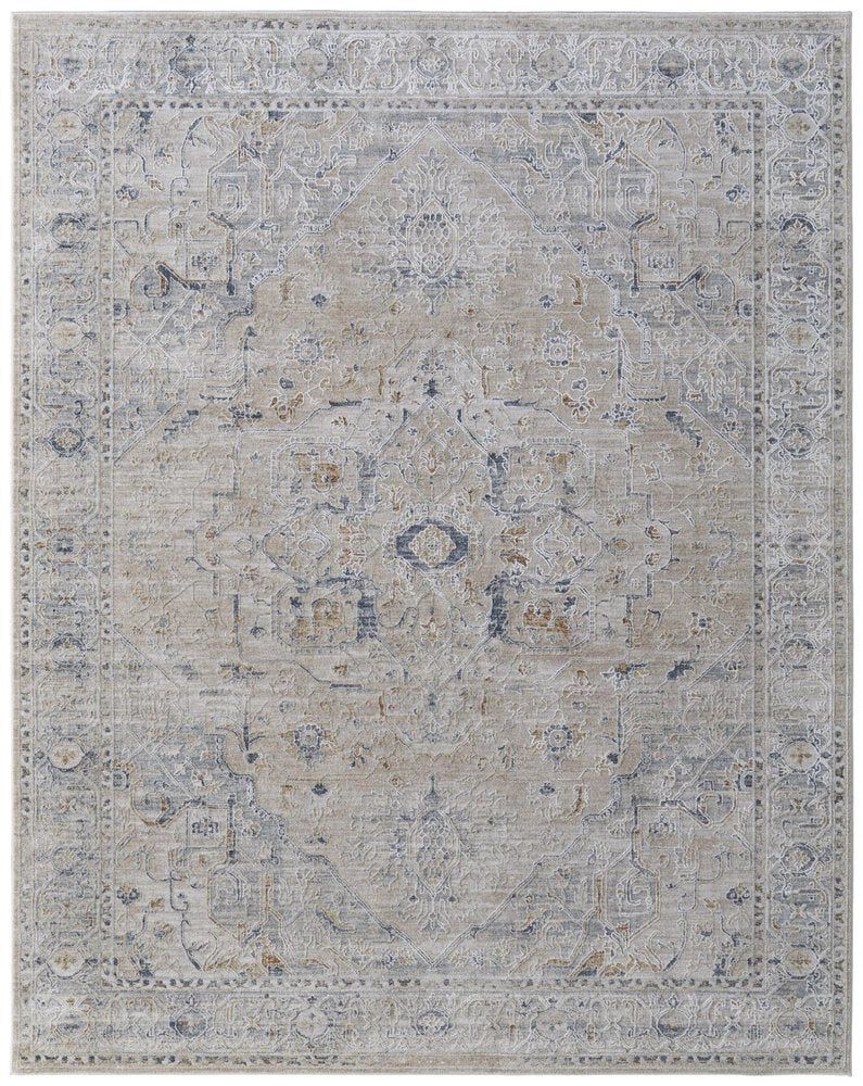 9' X 13' Ivory Taupe and Blue Oriental Power Loom Worn Faded Area Rug With Fringe