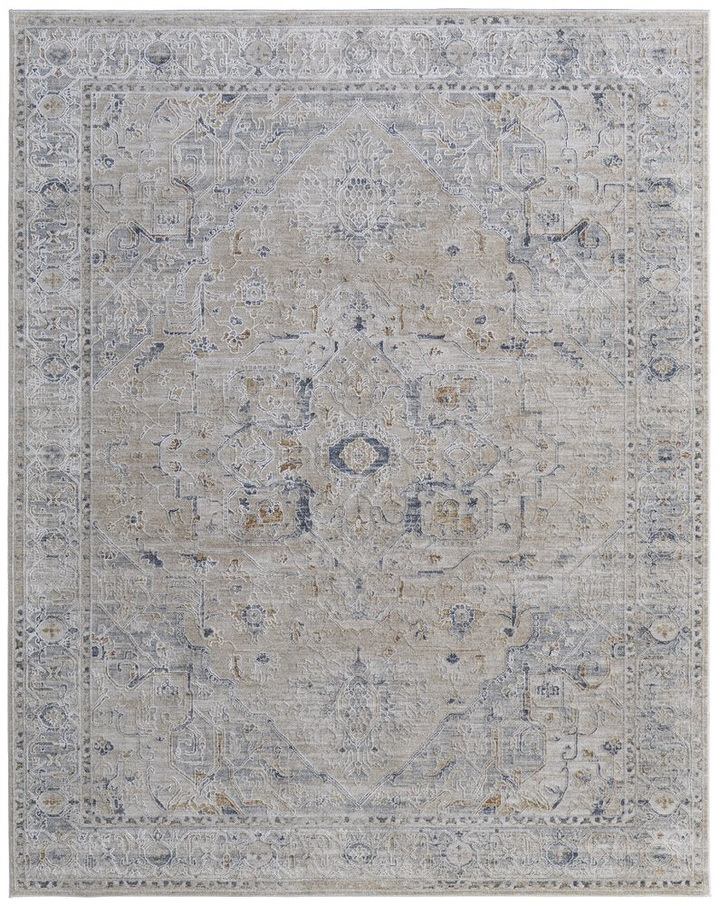 9' X 13' Ivory Taupe and Blue Oriental Power Loom Worn Faded Area Rug With Fringe