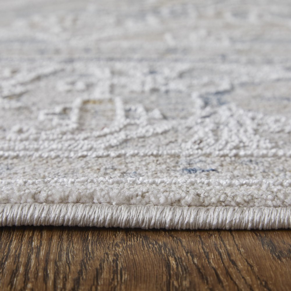 9' X 13' Ivory Taupe and Blue Oriental Power Loom Worn Faded Area Rug With Fringe