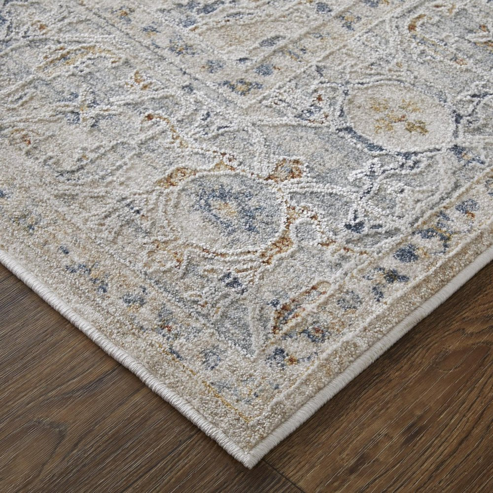 9' X 13' Ivory Taupe and Blue Oriental Power Loom Worn Faded Area Rug With Fringe