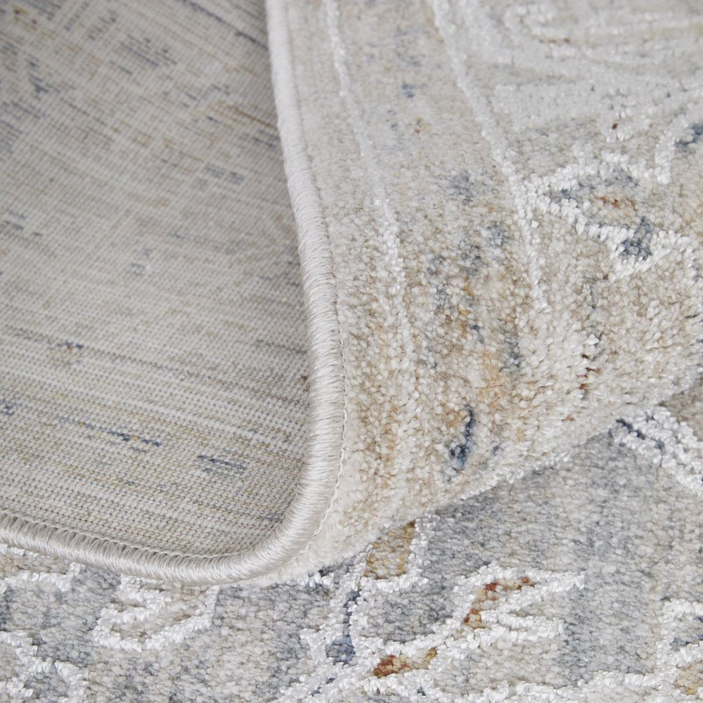 9' X 13' Ivory Taupe and Blue Oriental Power Loom Worn Faded Area Rug With Fringe