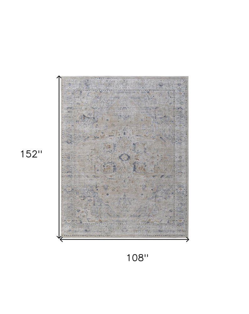 9' X 13' Ivory Taupe and Blue Oriental Power Loom Worn Faded Area Rug With Fringe