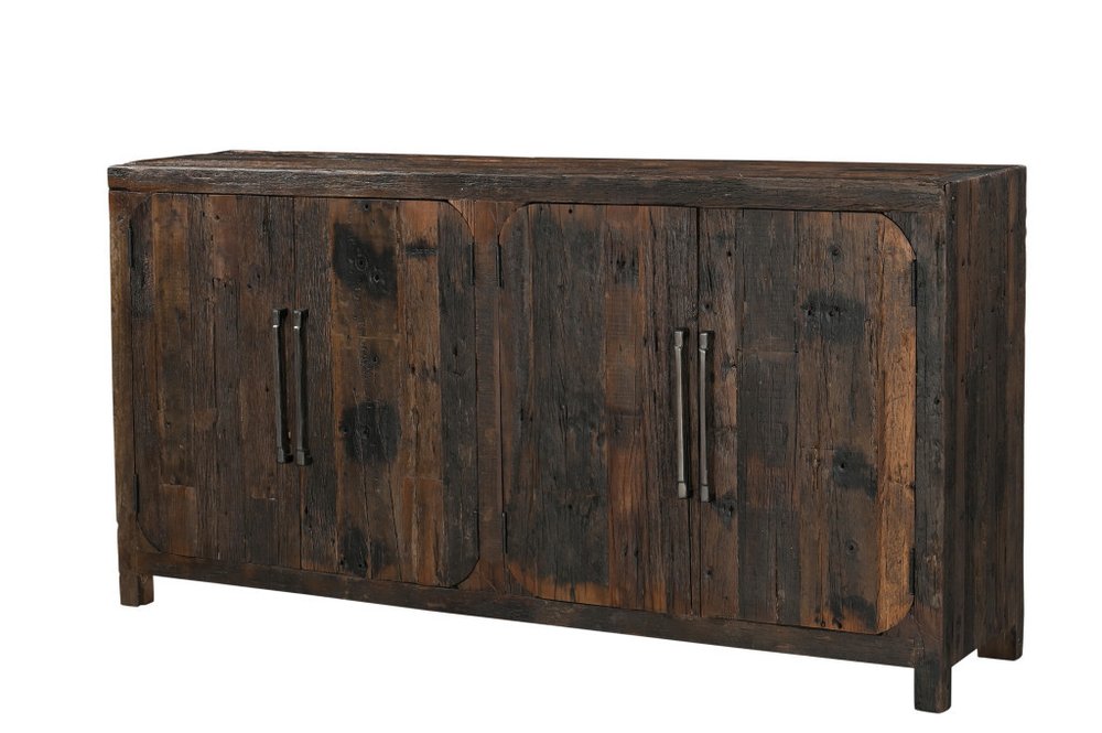 72" Dark Brown Distressed Reclaimed Wood Sideboard With Four Doors