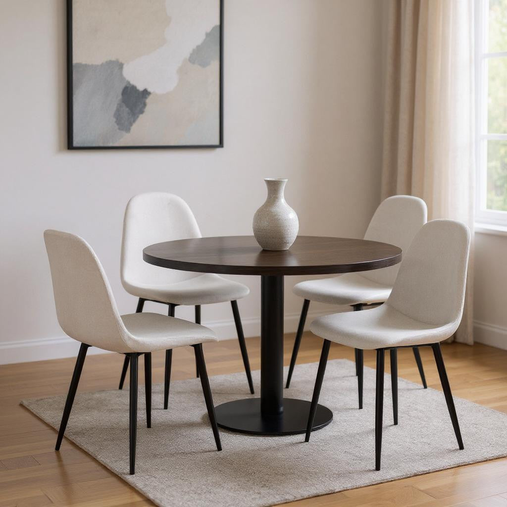 Set of Four Beige and Black Fabric and Metal Dining Side Chairs
