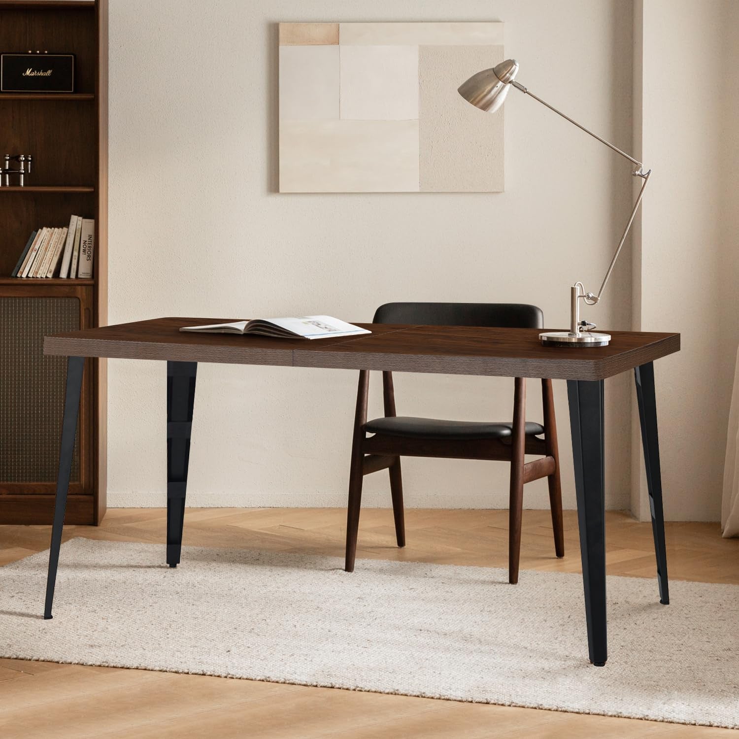 63" Dark Brown and Black Wood and Steel Dining Table