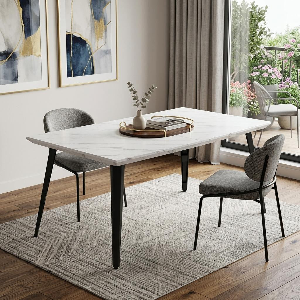 63" White and Black Faux Marble and Metal Dining Table