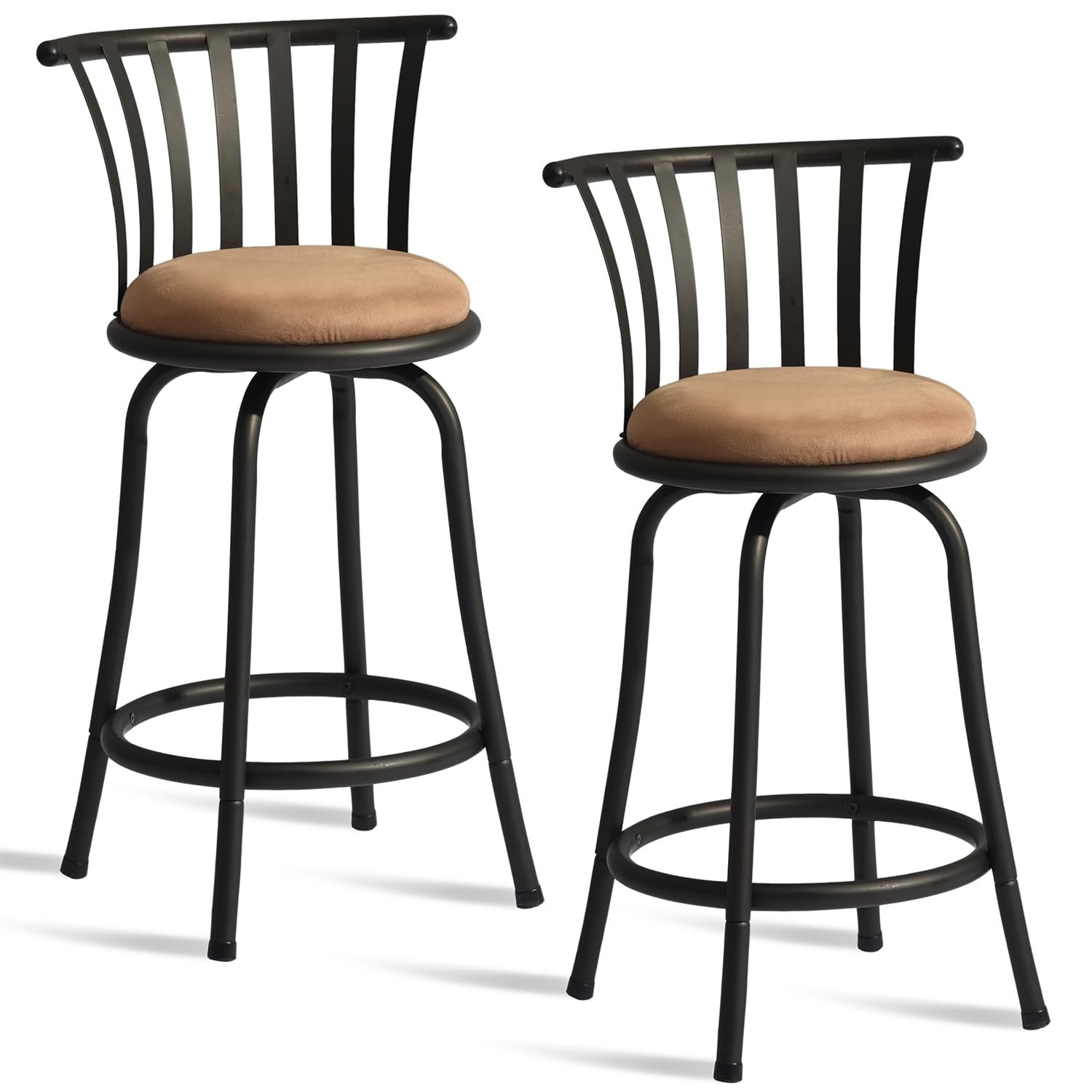 Set of Two 24" Khaki And Black Suede Microfiber And Microsuede And Metal Low Back Counter Height Swivel Bar Chairs