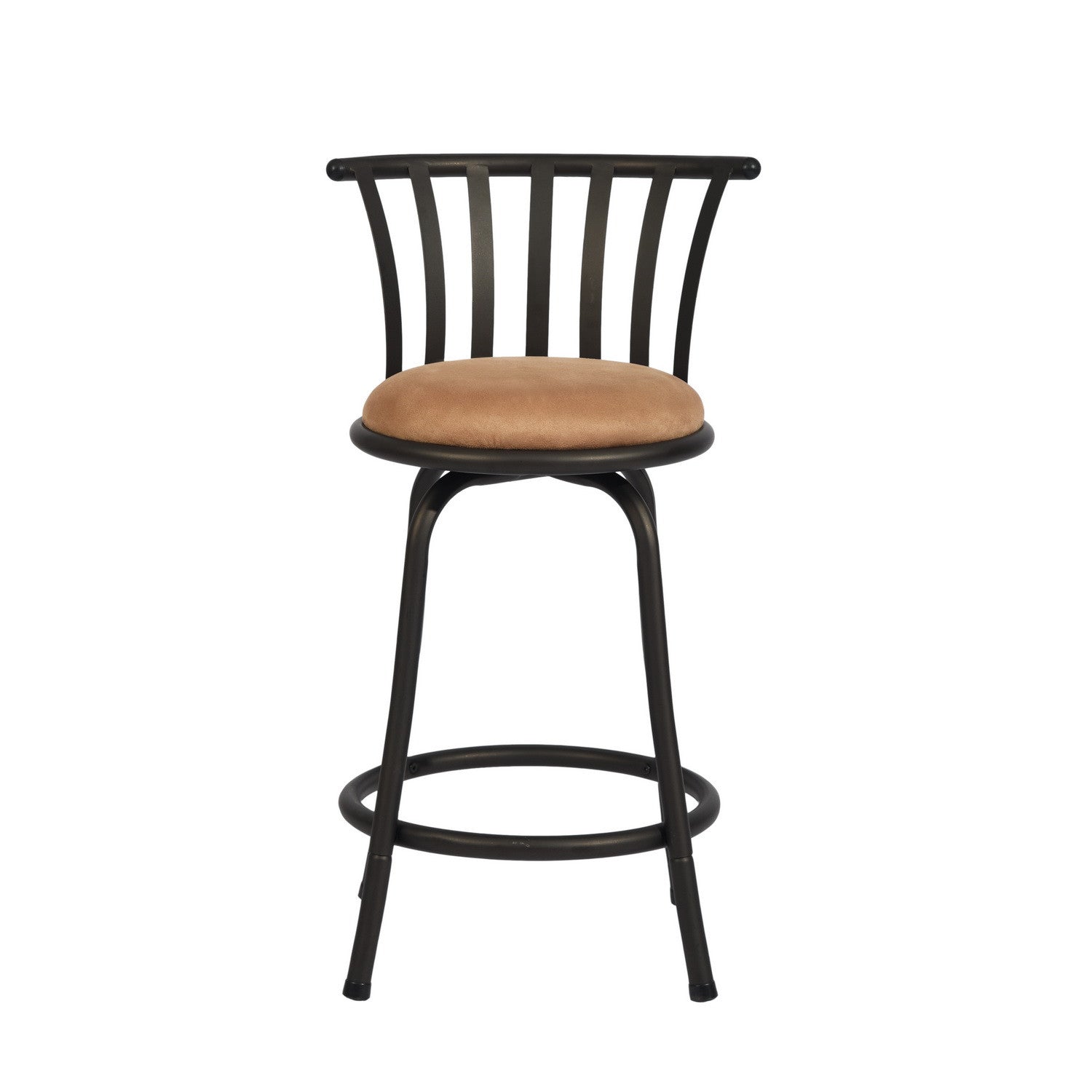 Set of Two 24" Khaki And Black Suede Microfiber And Microsuede And Metal Low Back Counter Height Swivel Bar Chairs