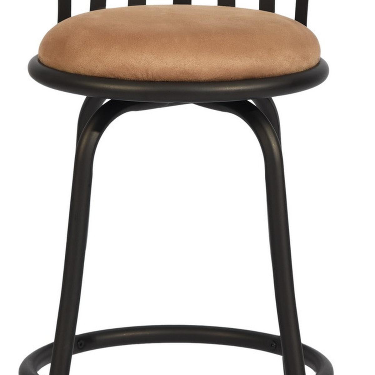 Set of Two 24" Khaki And Black Suede Microfiber And Microsuede And Metal Low Back Counter Height Swivel Bar Chairs