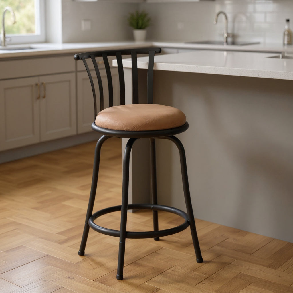 Set of Two 24" Khaki And Black Suede Microfiber And Microsuede And Metal Low Back Counter Height Swivel Bar Chairs