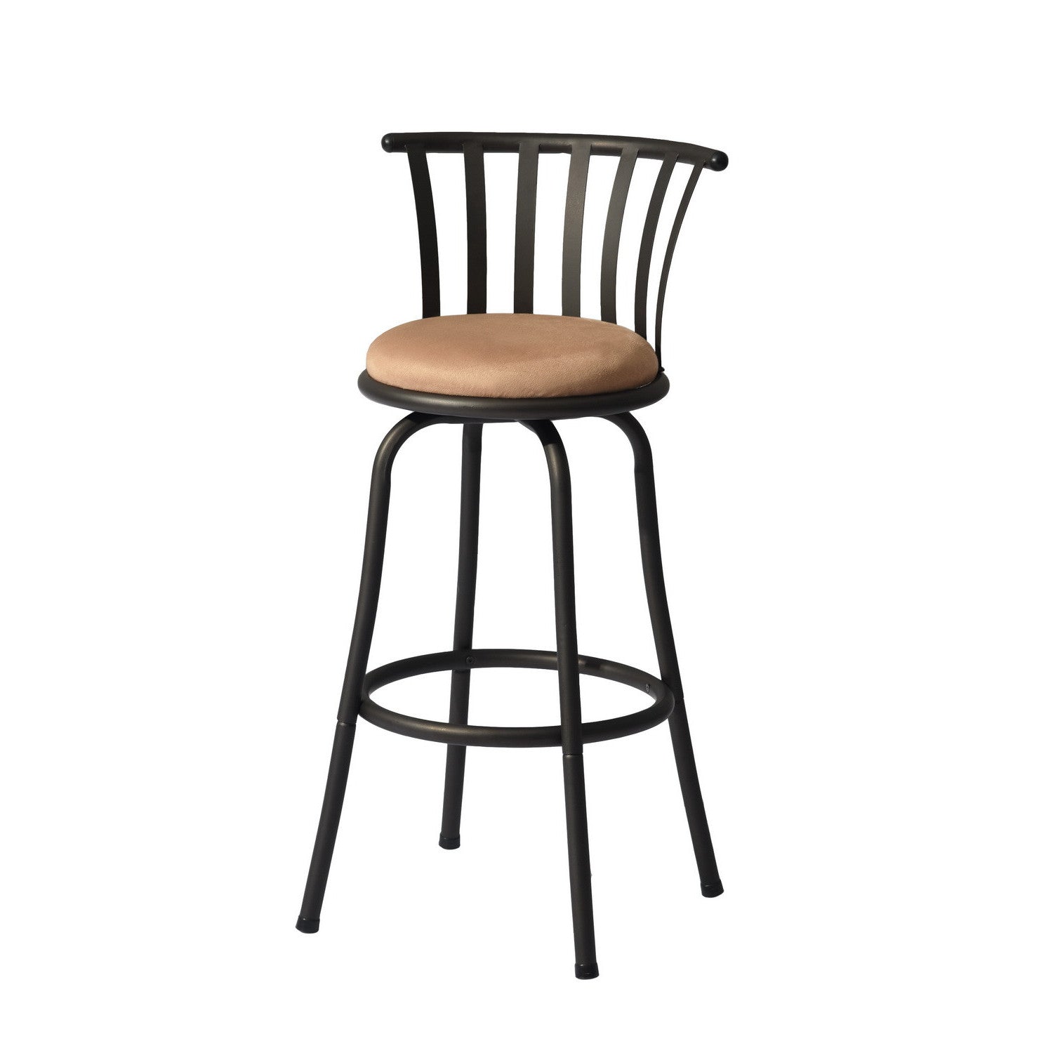 Set of Two 29" Brown And Black Microfiber And Fabric And Metal Low Back Bar Height Swivel Bar Chairs
