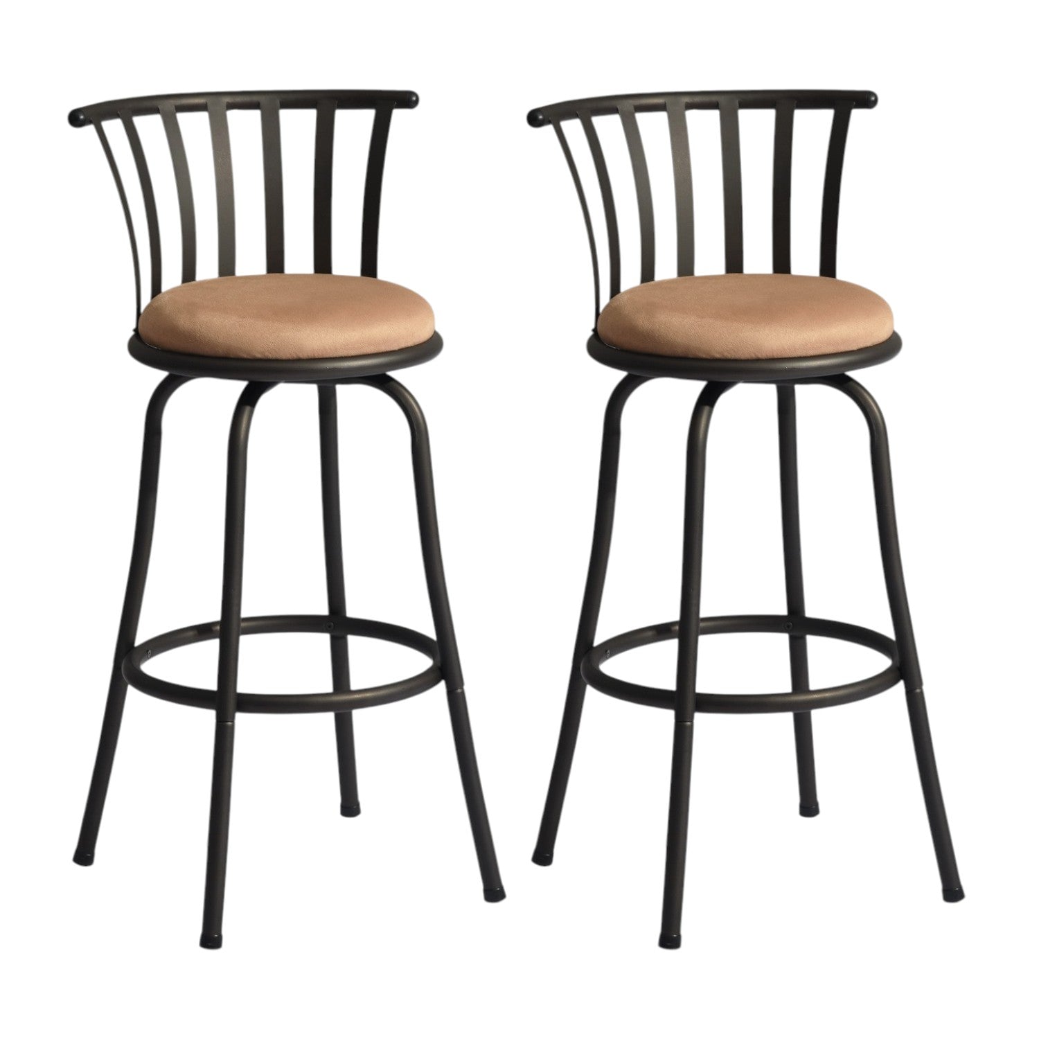 Set of Two 29" Brown And Black Microfiber And Fabric And Metal Low Back Bar Height Swivel Bar Chairs