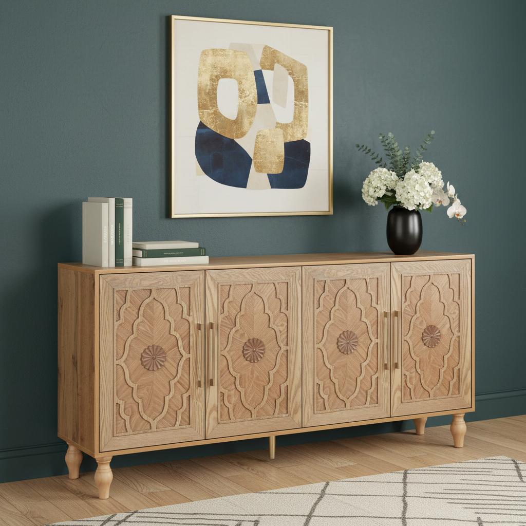 68" Natural Distressed Carved Geometric Sideboard with Four Doors