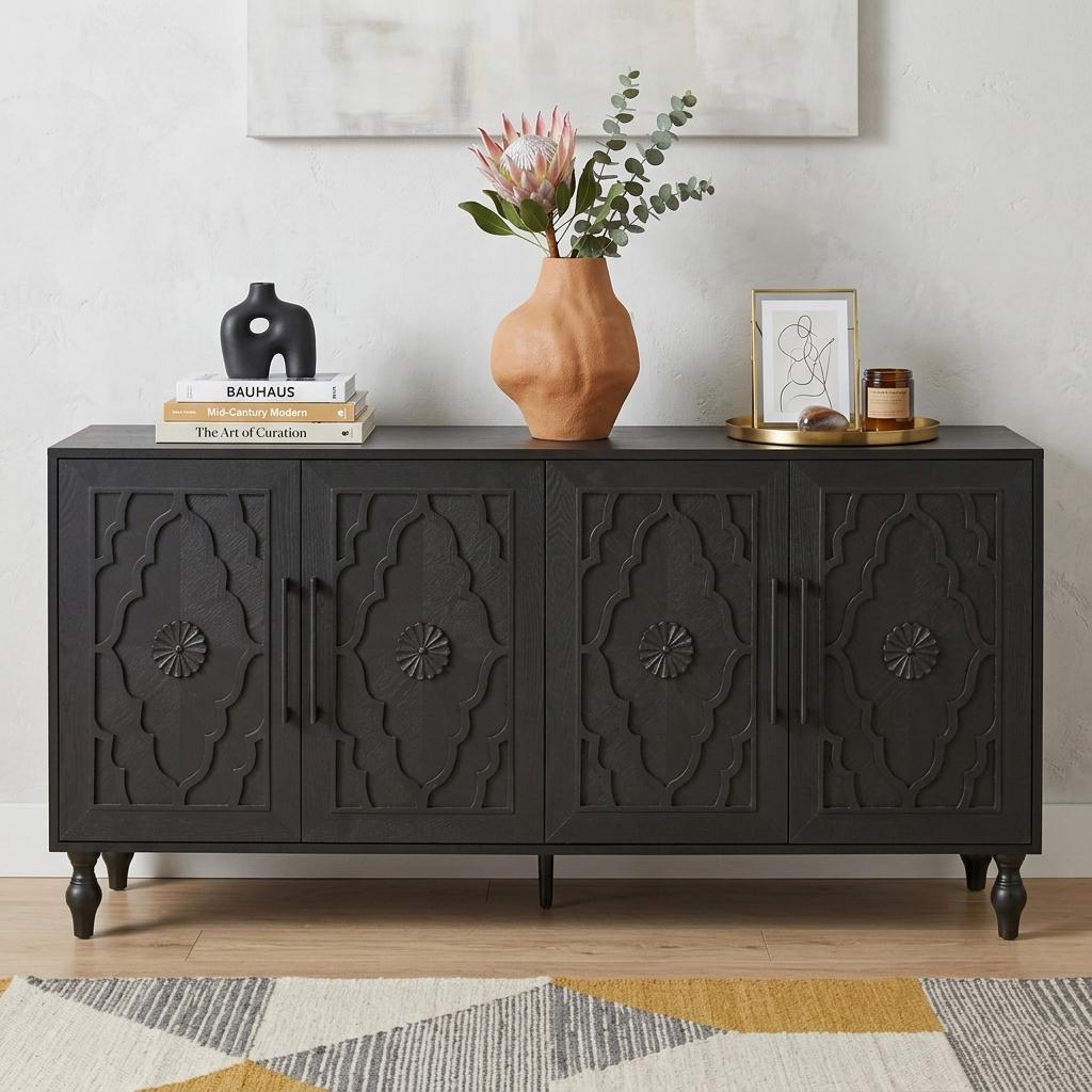 68" Black Distressed Carved Floral Sideboard with Four Doors