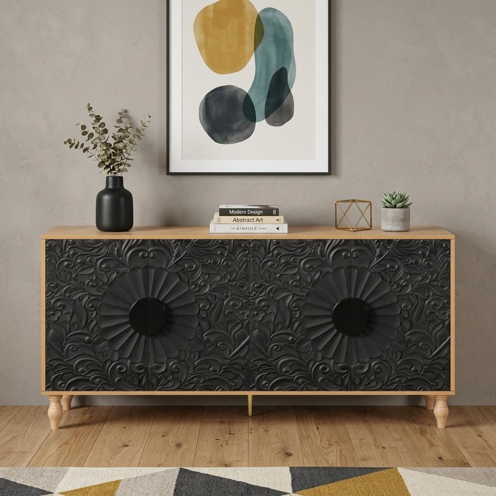 68" Natural and Black Distressed Carved Floral Sideboard with Four Doors