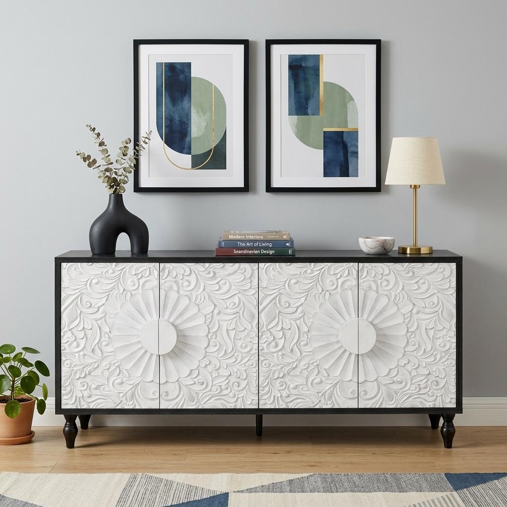 68" Black and White Distressed Carved Floral Sideboard with Four Doors