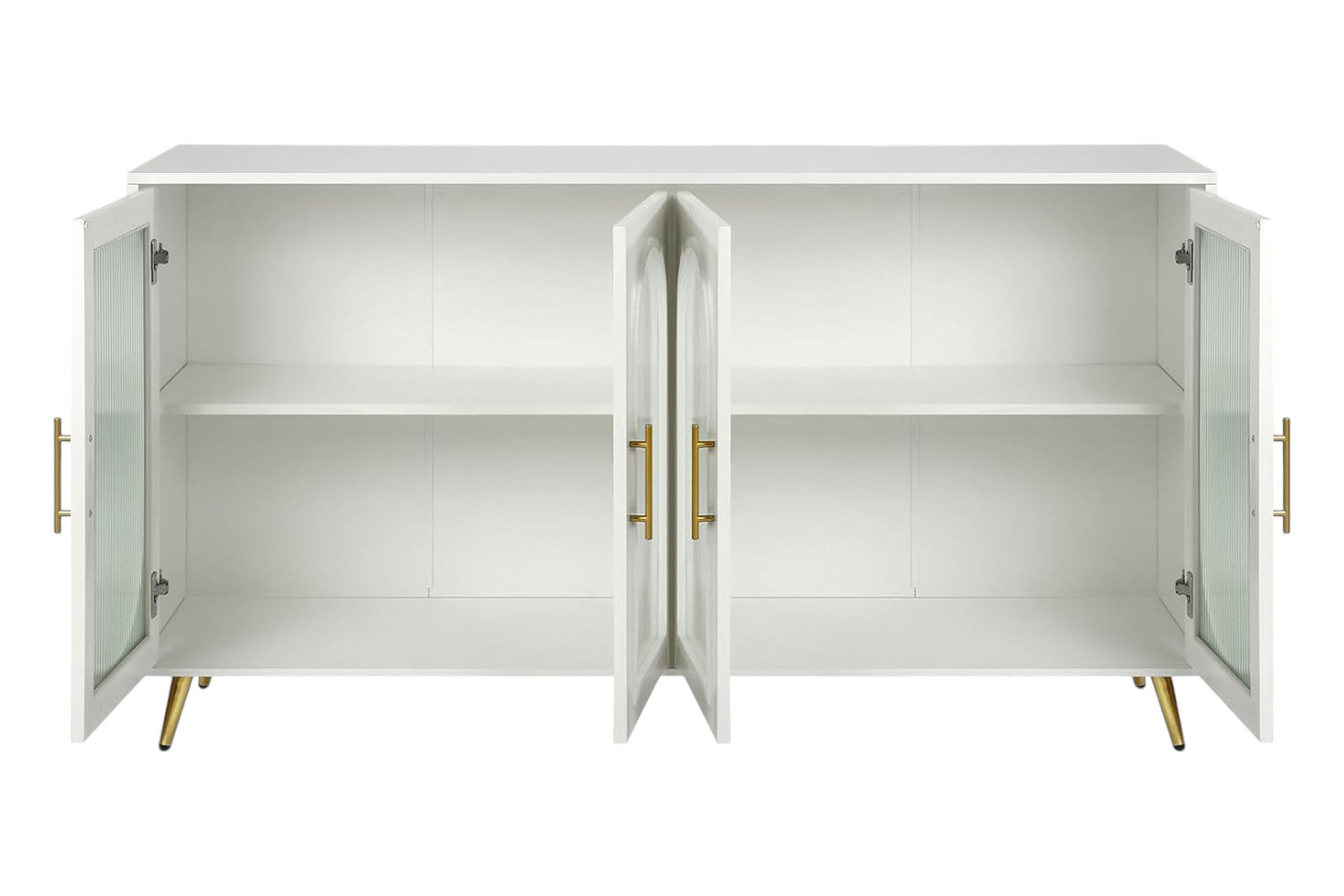 60" White Ribbed Texture Wood And Glass Sideboard with Four Doors
