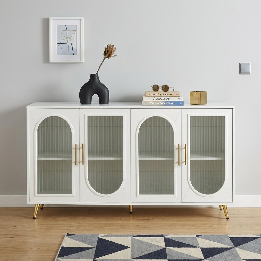 60" White Ribbed Texture Wood And Glass Sideboard with Four Doors