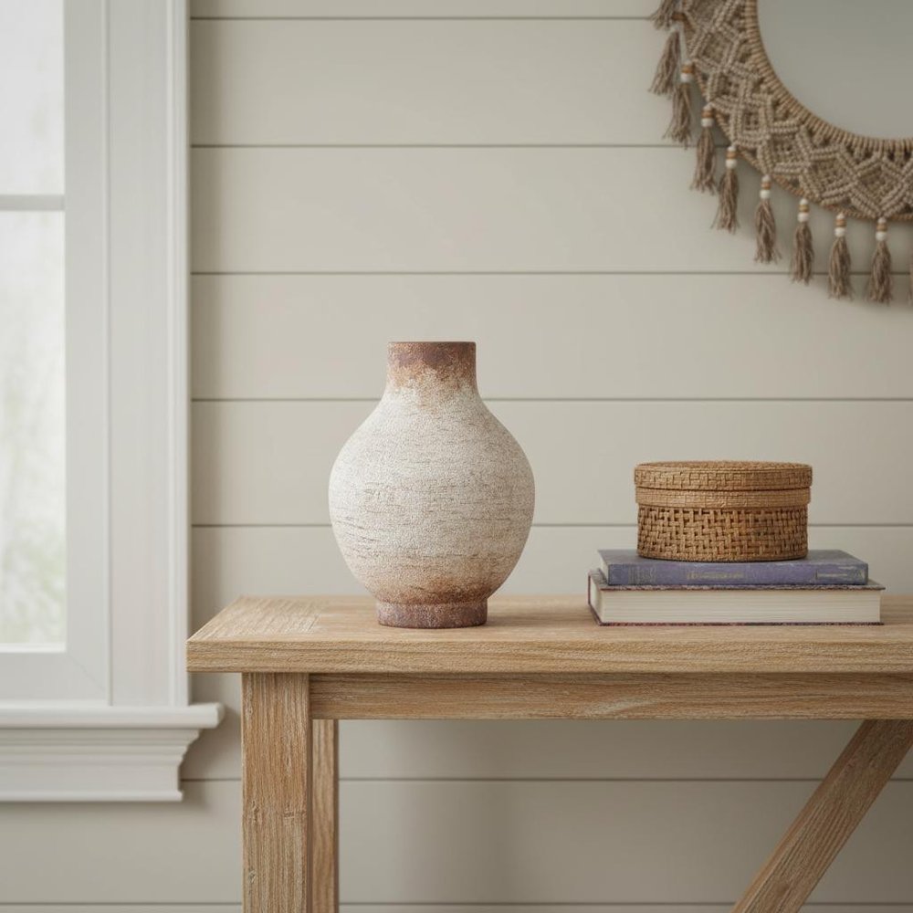8" Ivory And Brown Round Ceramic Table Vase