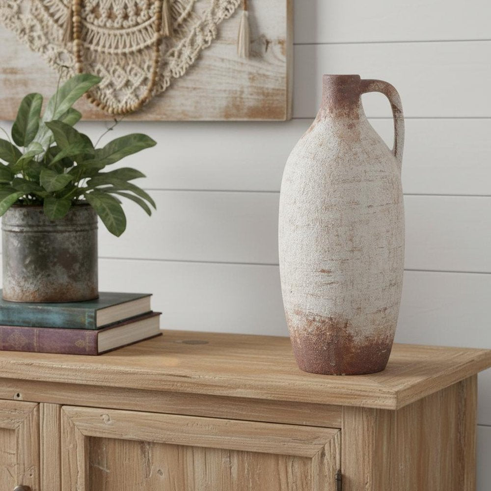 12" Brown And White Ceramic Round Jug Vase