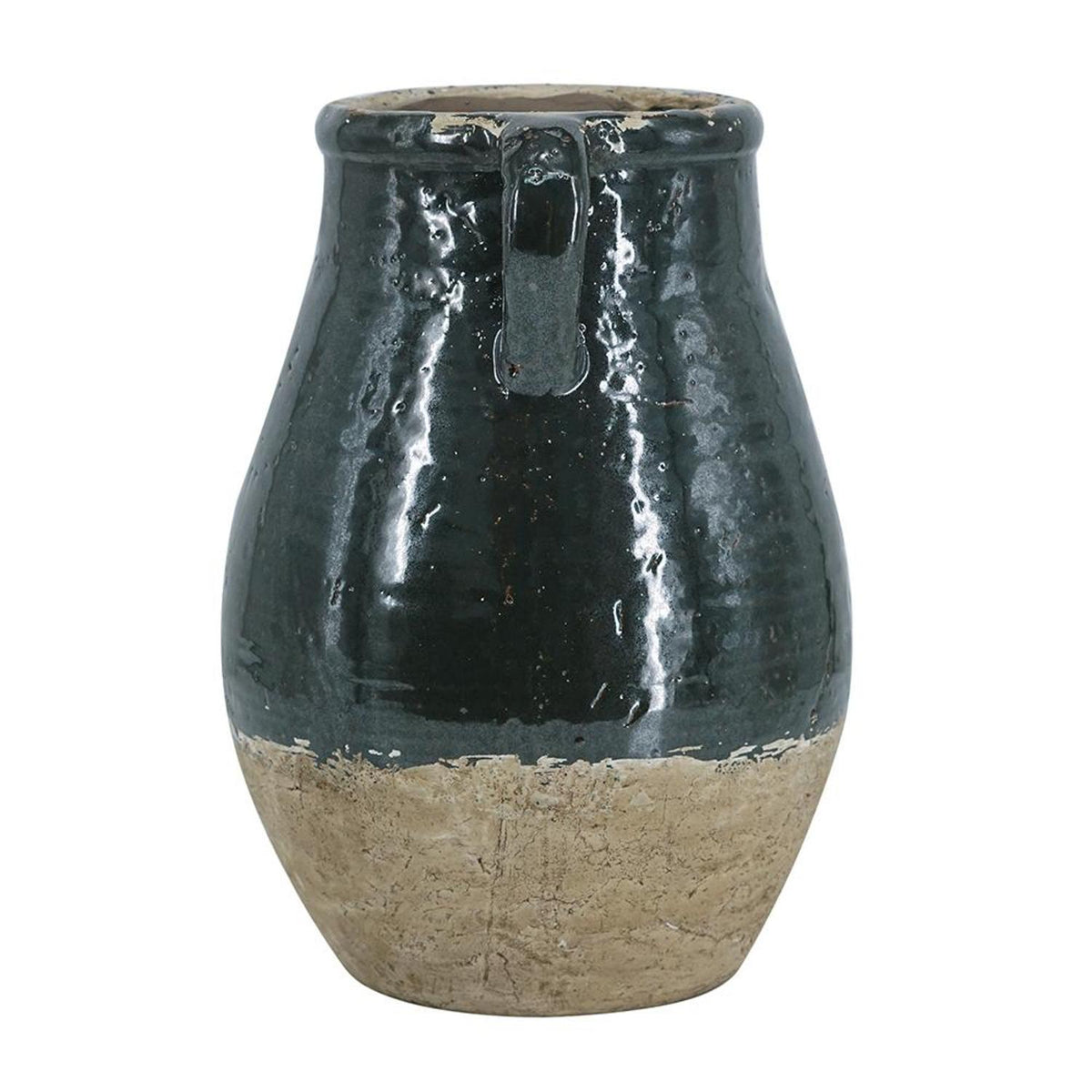 13" Forest Green And Sand Color Block Terracotta Round Jug Vase