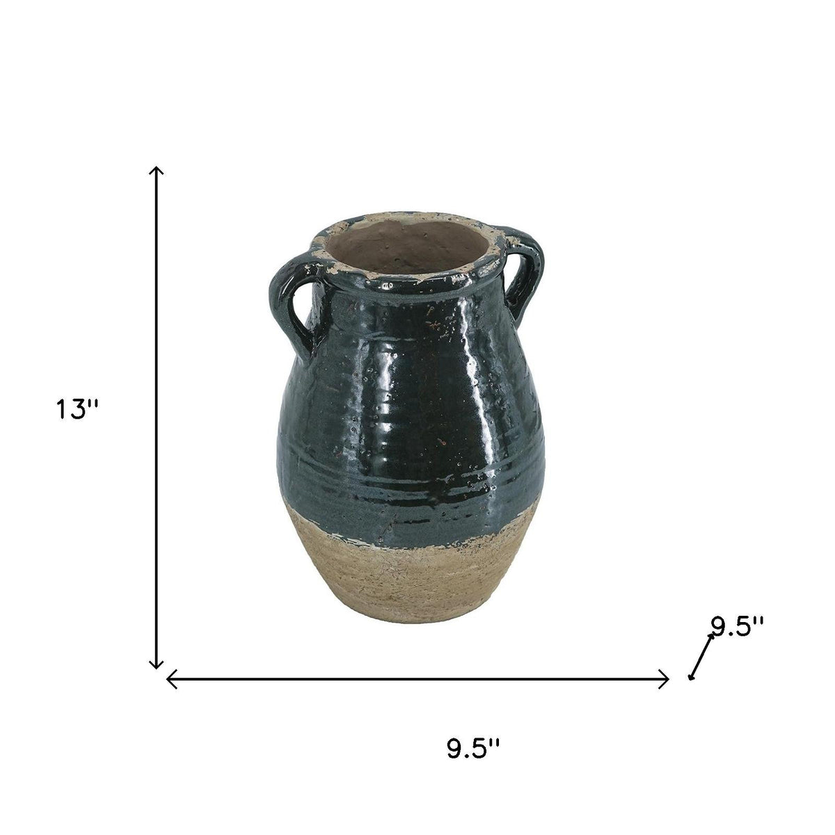 13" Forest Green And Sand Color Block Terracotta Round Jug Vase