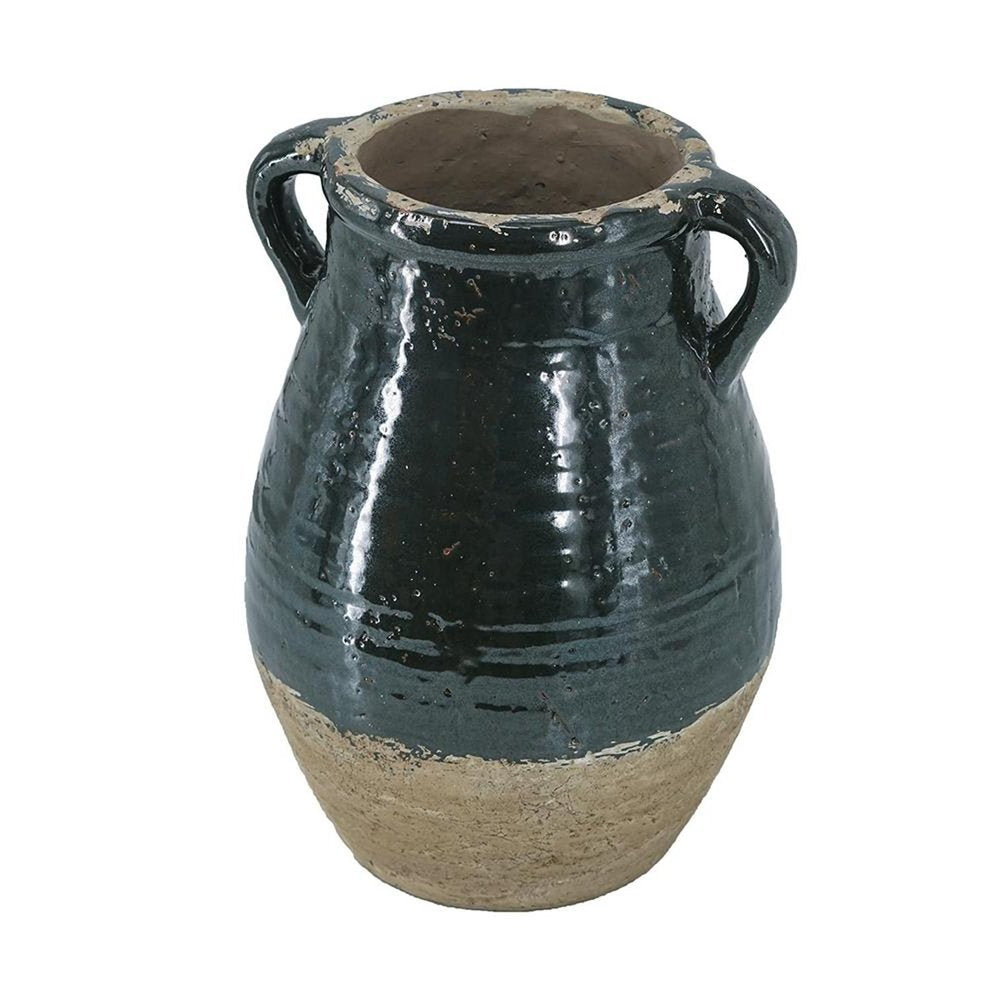 13" Forest Green And Sand Color Block Terracotta Round Jug Vase