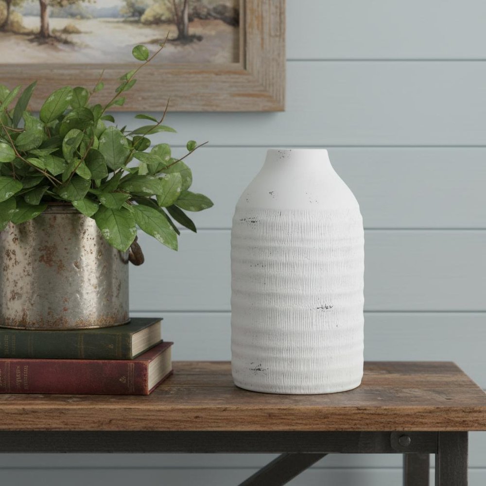 12" White Stoneware Round Jug Vase