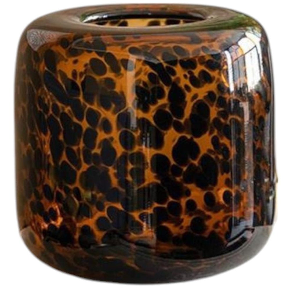 8" Amber And Black Animal Print Glass Round Table Vase