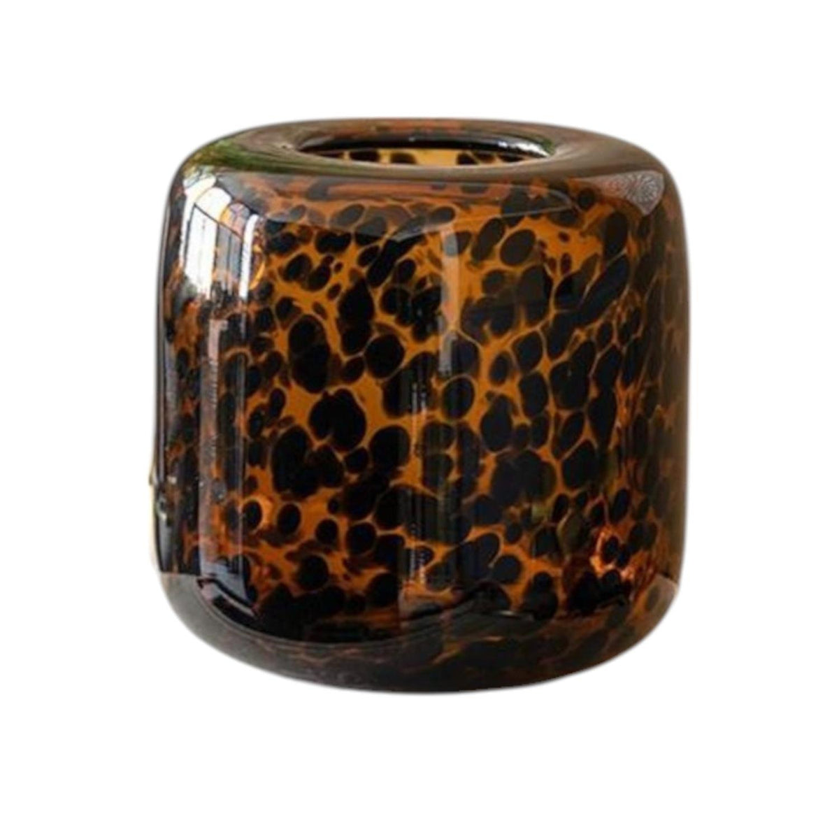 8" Amber And Black Animal Print Glass Round Table Vase