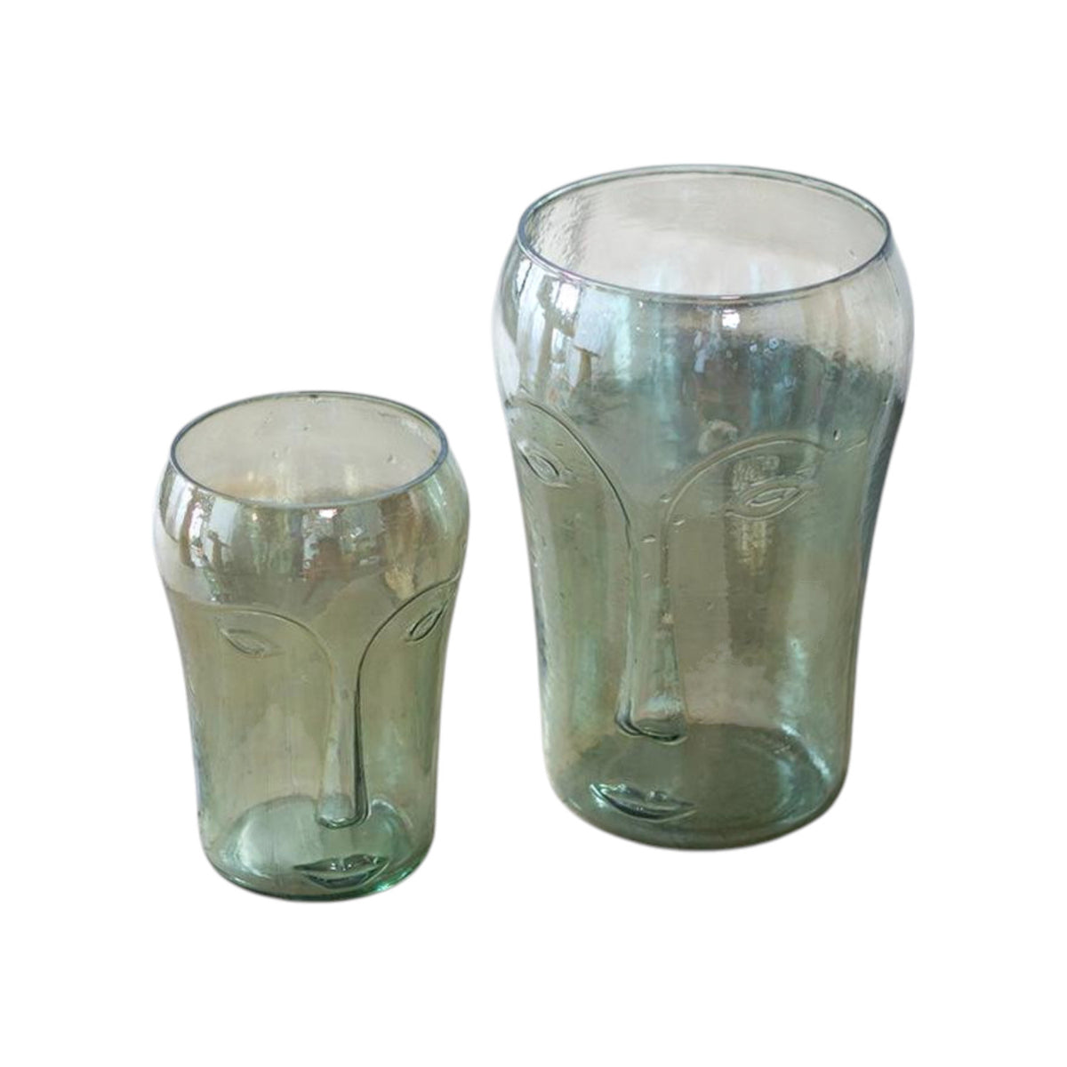 Set of Two Light Green Glass Modern Abstract Faces Table Vases