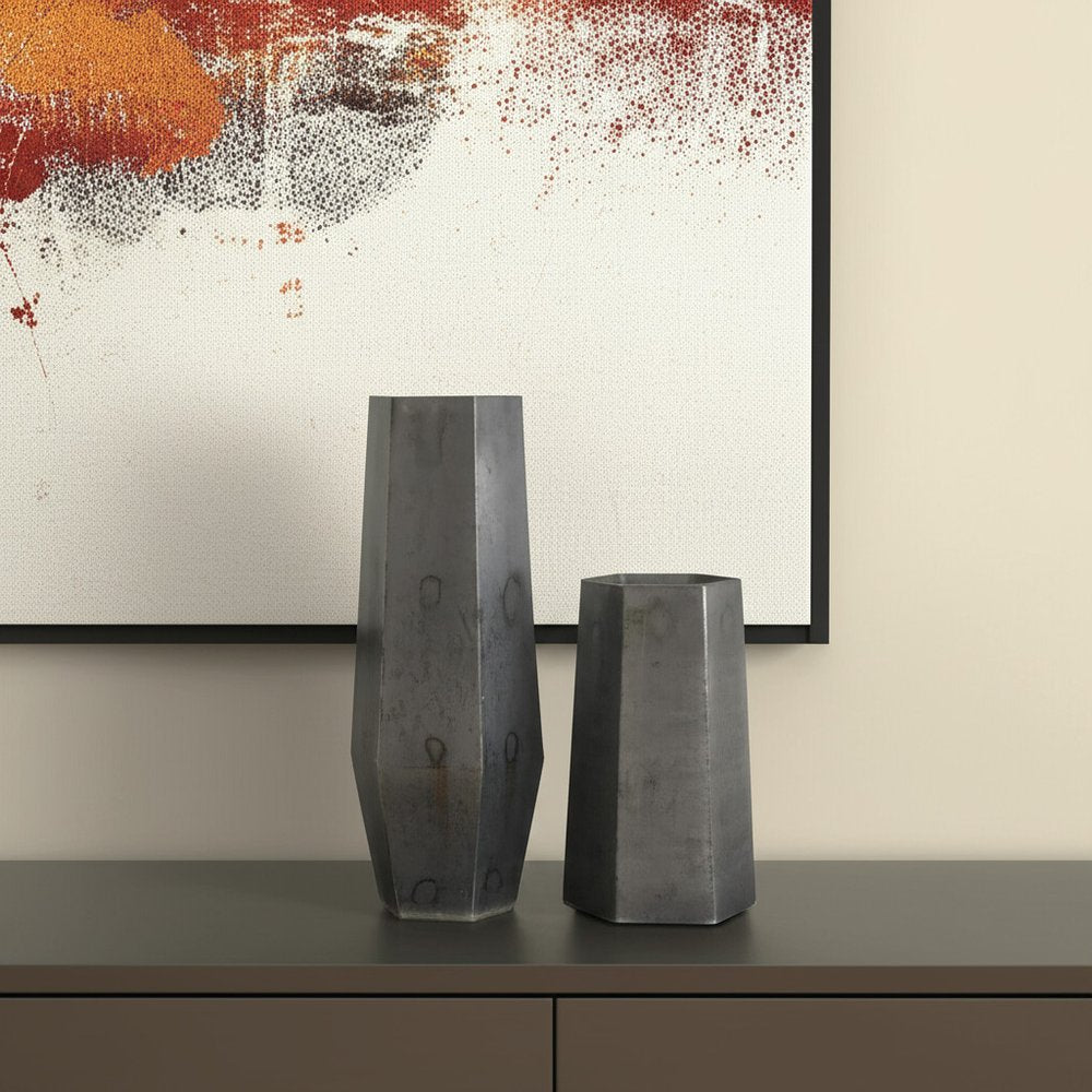Set of Two Black Hexagonal Glass Table Vases