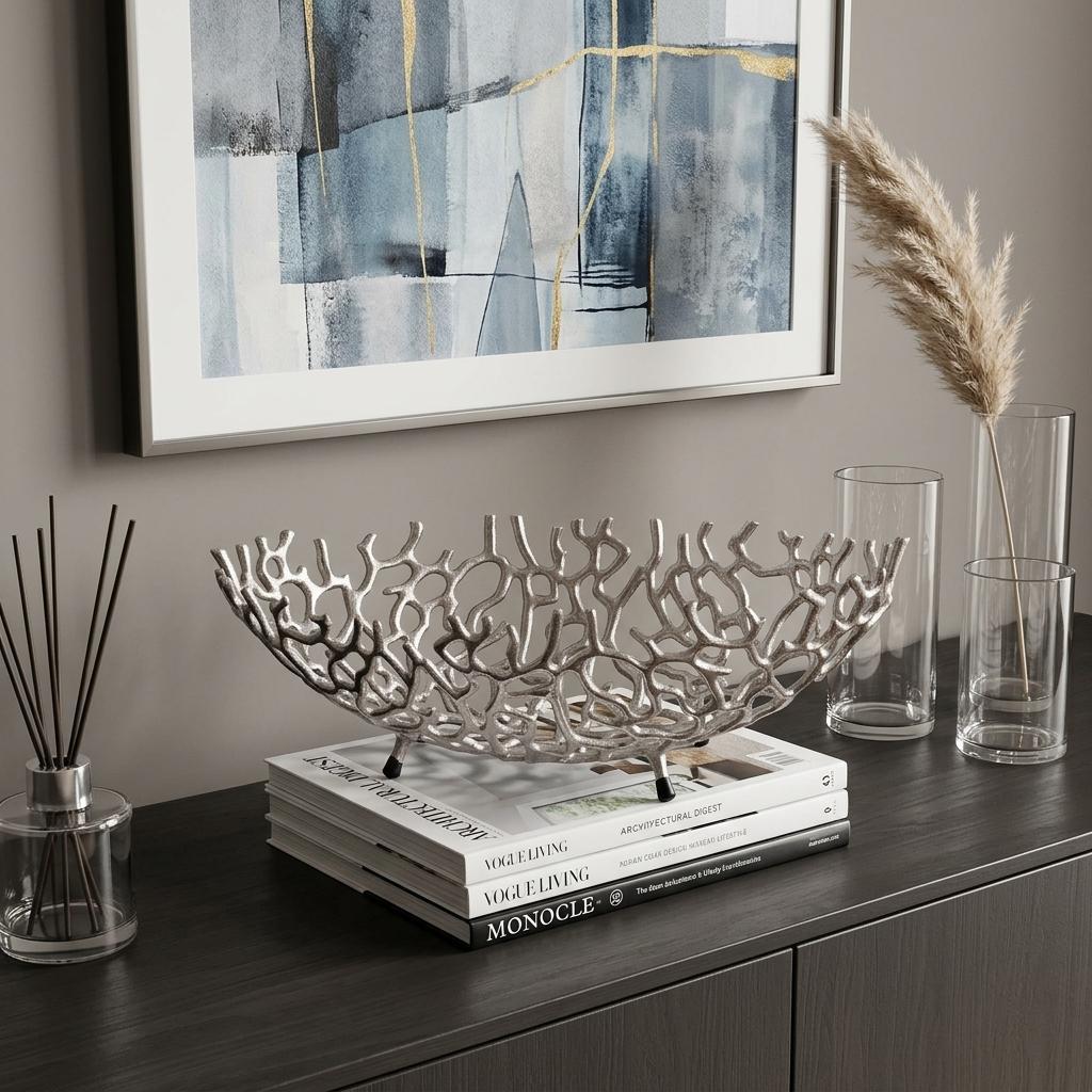 22" Silver Aluminum Faux Coral Oval Centerpiece Bowl