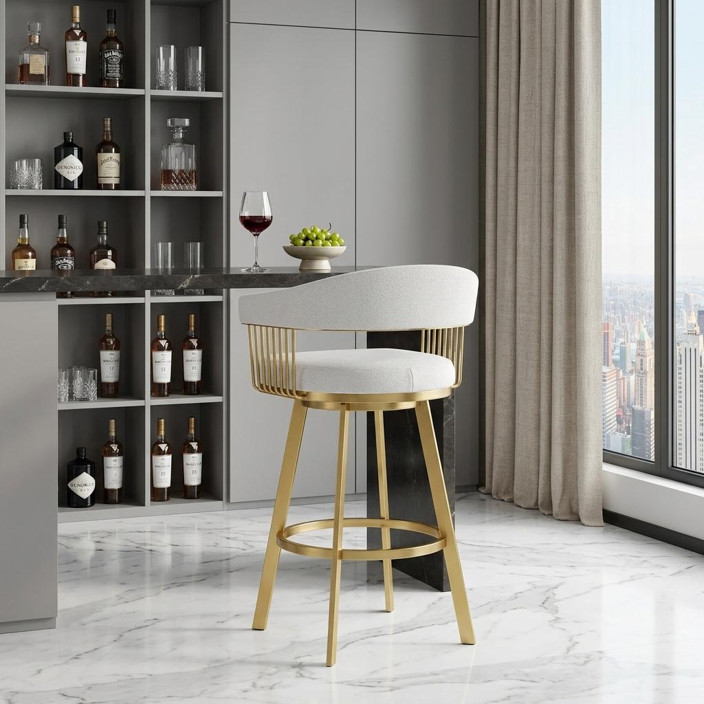 30" Silver And Gold Fabric And Steel Low Back Bar Height Swivel Bar Chair