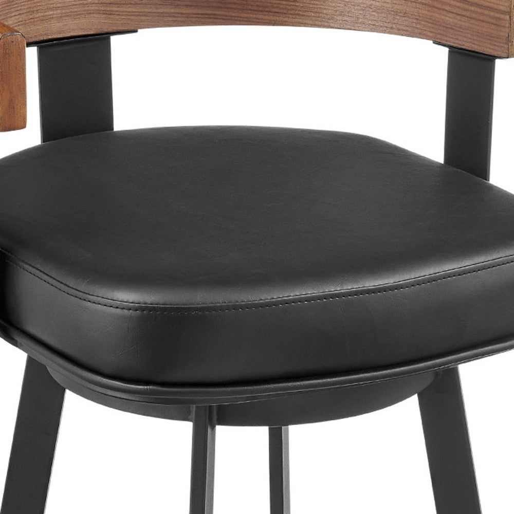 26" Black Faux Leather And Iron Low Back Counter Height Swivel Bar Chair