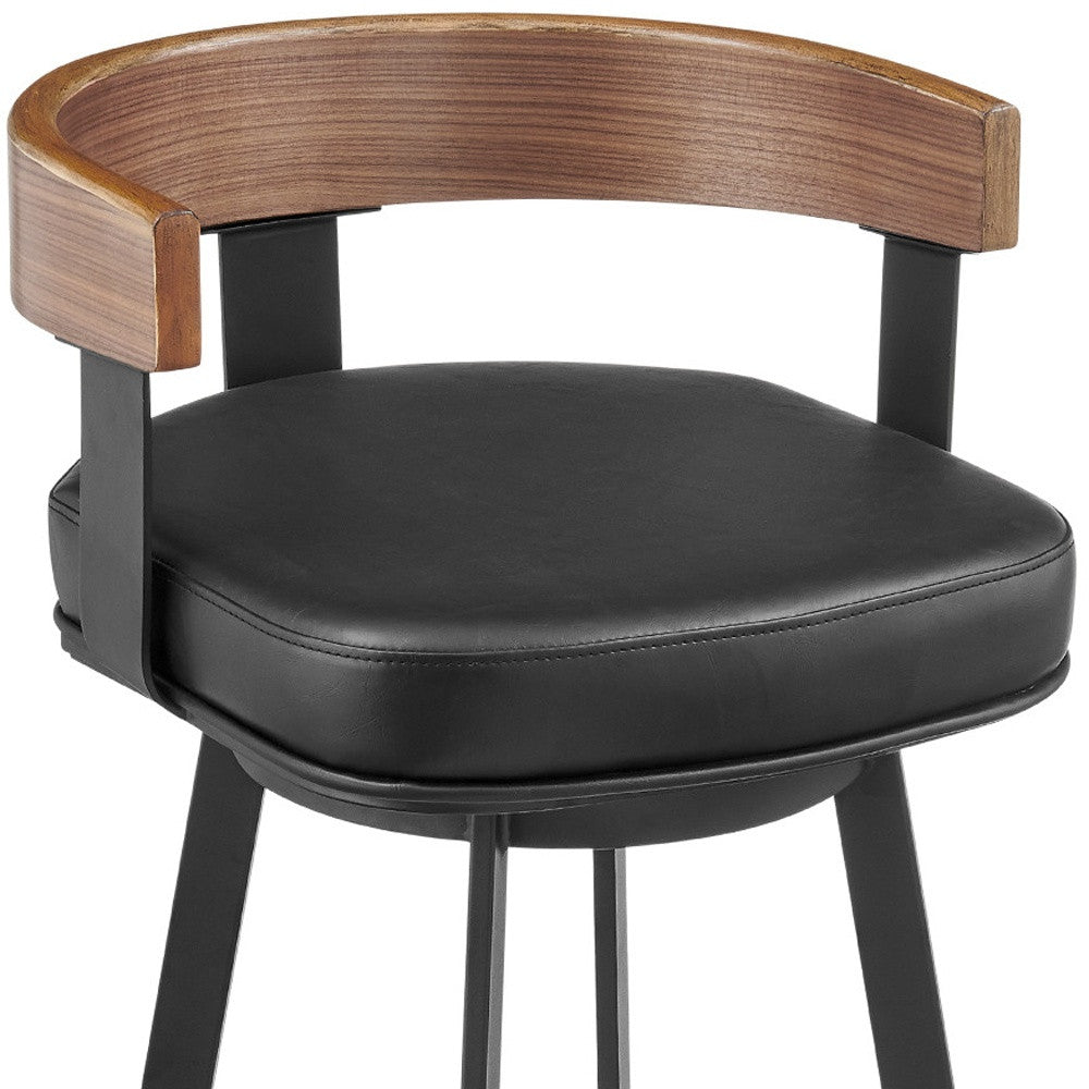 26" Black Faux Leather And Iron Low Back Counter Height Swivel Bar Chair