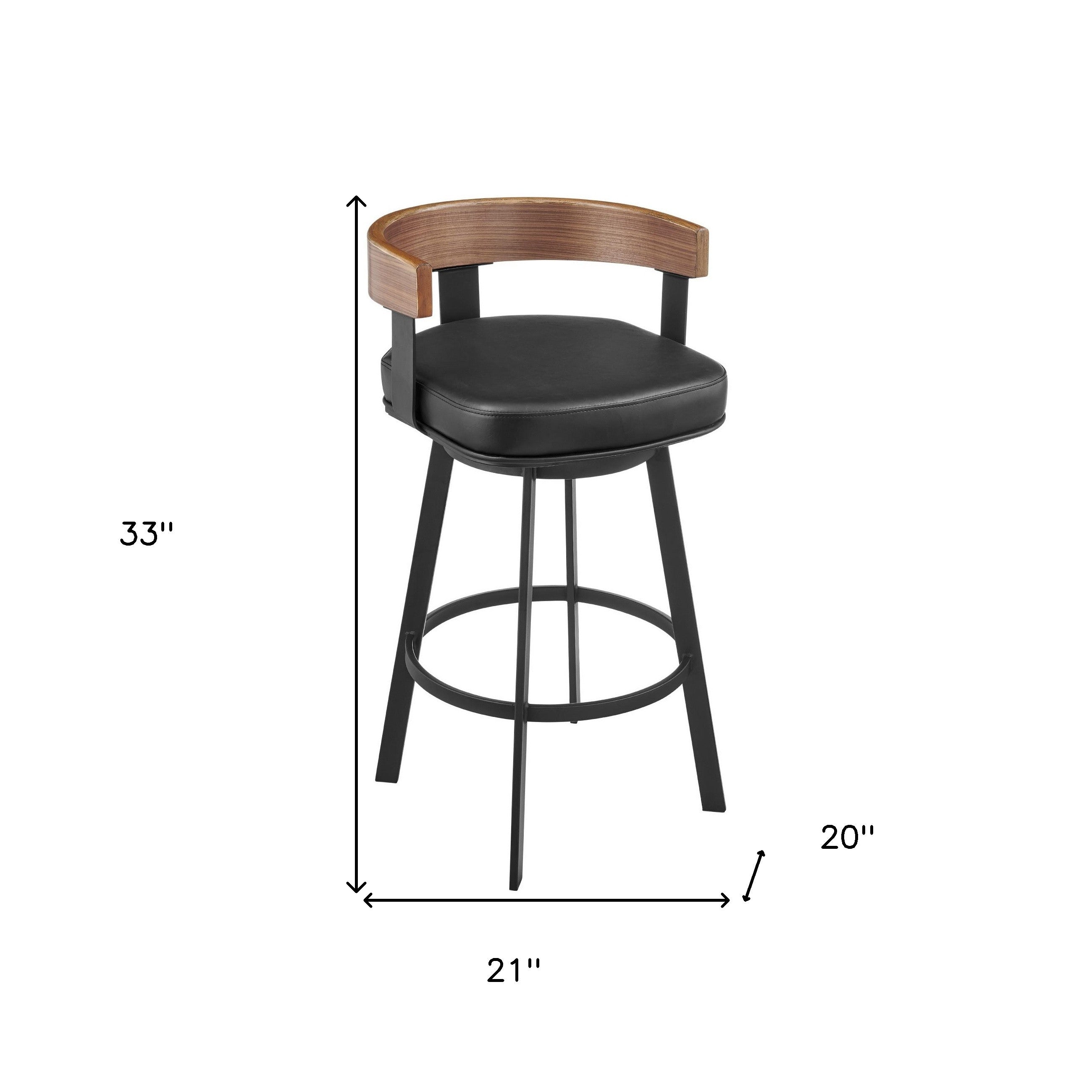 26" Black Faux Leather And Iron Low Back Counter Height Swivel Bar Chair