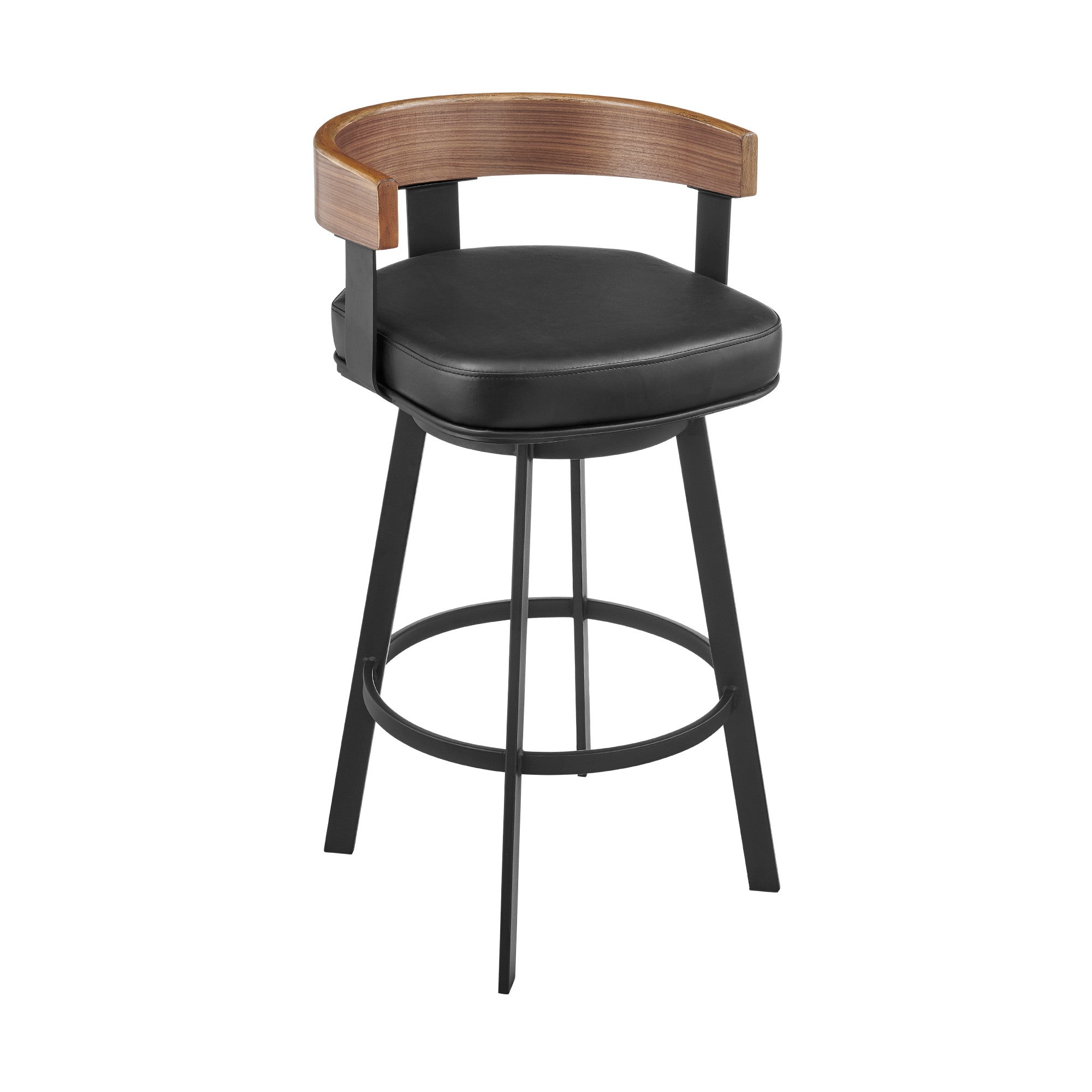 26" Black Faux Leather And Iron Low Back Counter Height Swivel Bar Chair